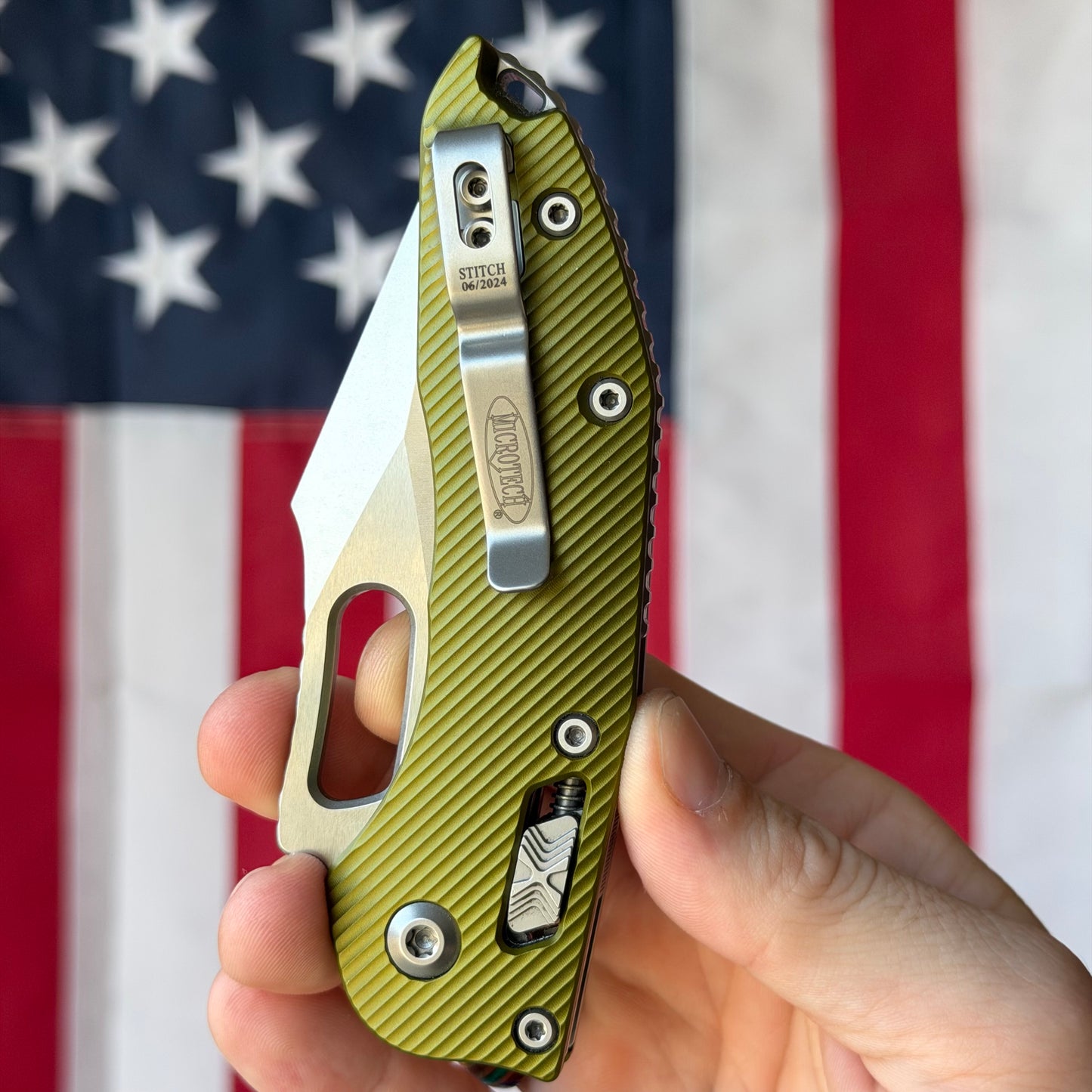 The Back Door: Used - Microtech Stitch RAM-LOK 169RL-10FLOD 3.625" Spear Point, M390MK Stonewash, OD Green Fluted Aluminum, Manual - Made in USA