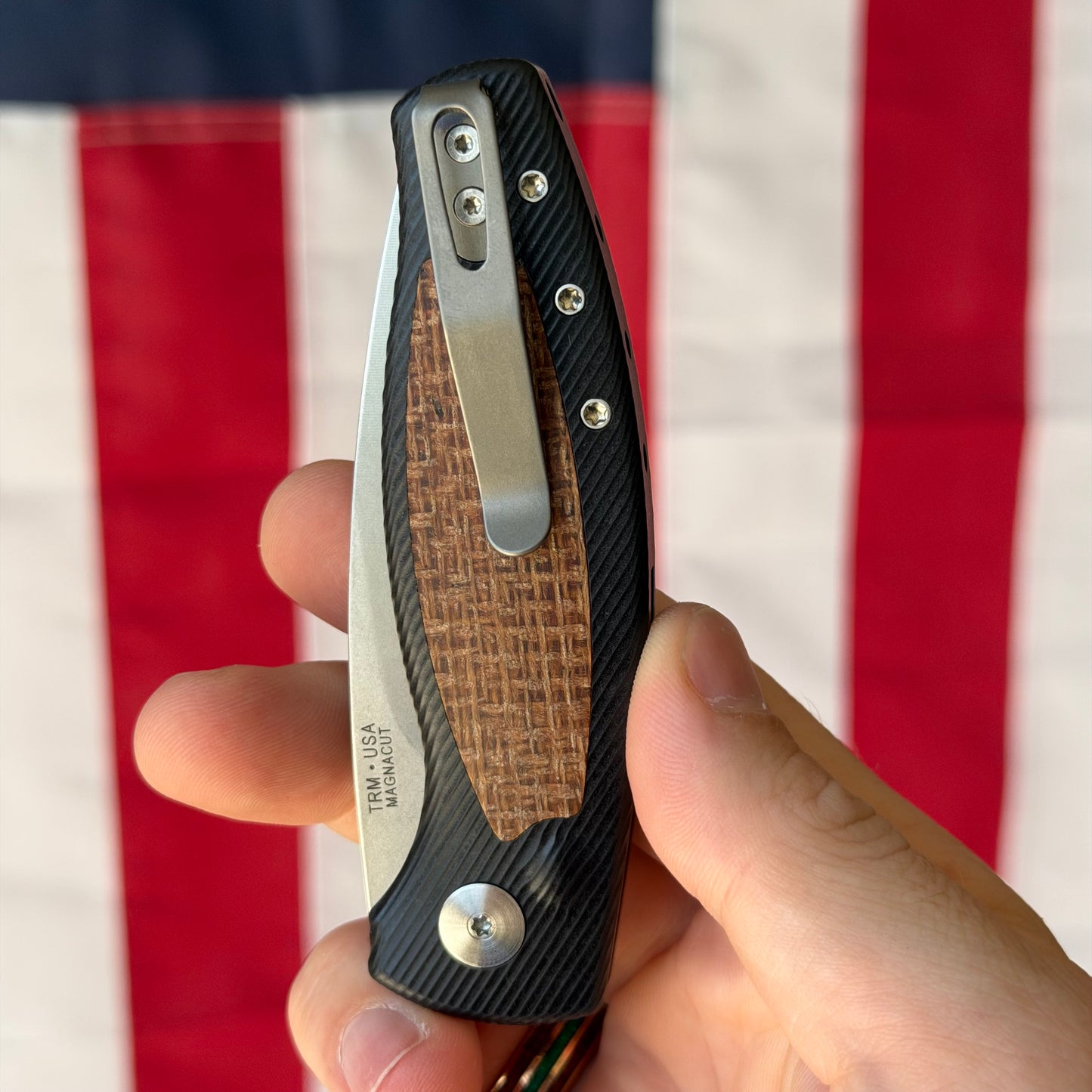 TRM PIT BULL Auto - CPM-MagnaCut, Burlap Micarta, Machined Aluminum, Push Button - Made in USA (DLR-PB-AL-MIC-BURLAP)
