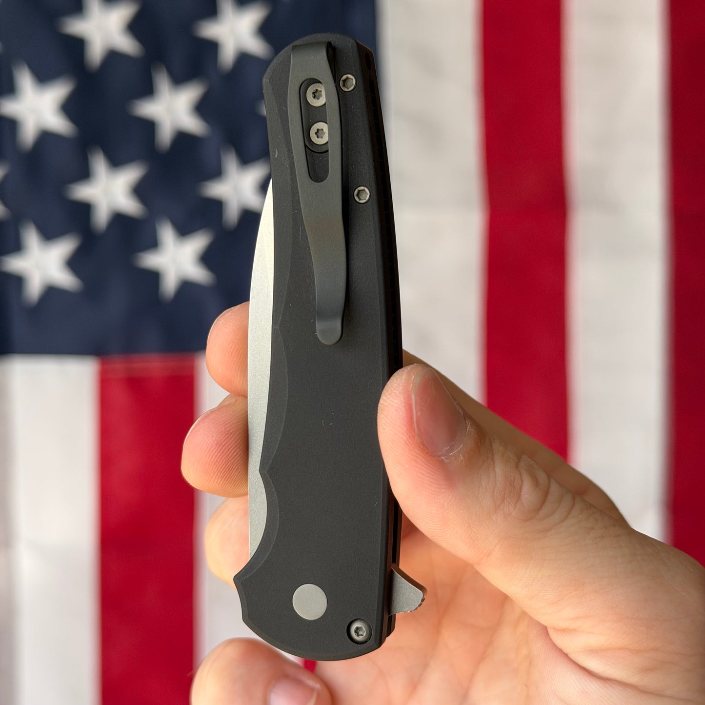 The Back Door: Malibu Black Aluminum, Stonewashed Magnacut Blade, Precision Button Lock Flipper – Made in USA (Demo)
