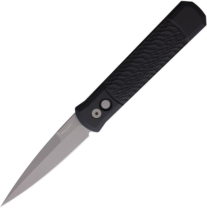 Godfather Automatic Knife – 4″ 154CM Spear‑Point Blade, Black Jigged Aluminum Handle – Made in USA (PTK924)
