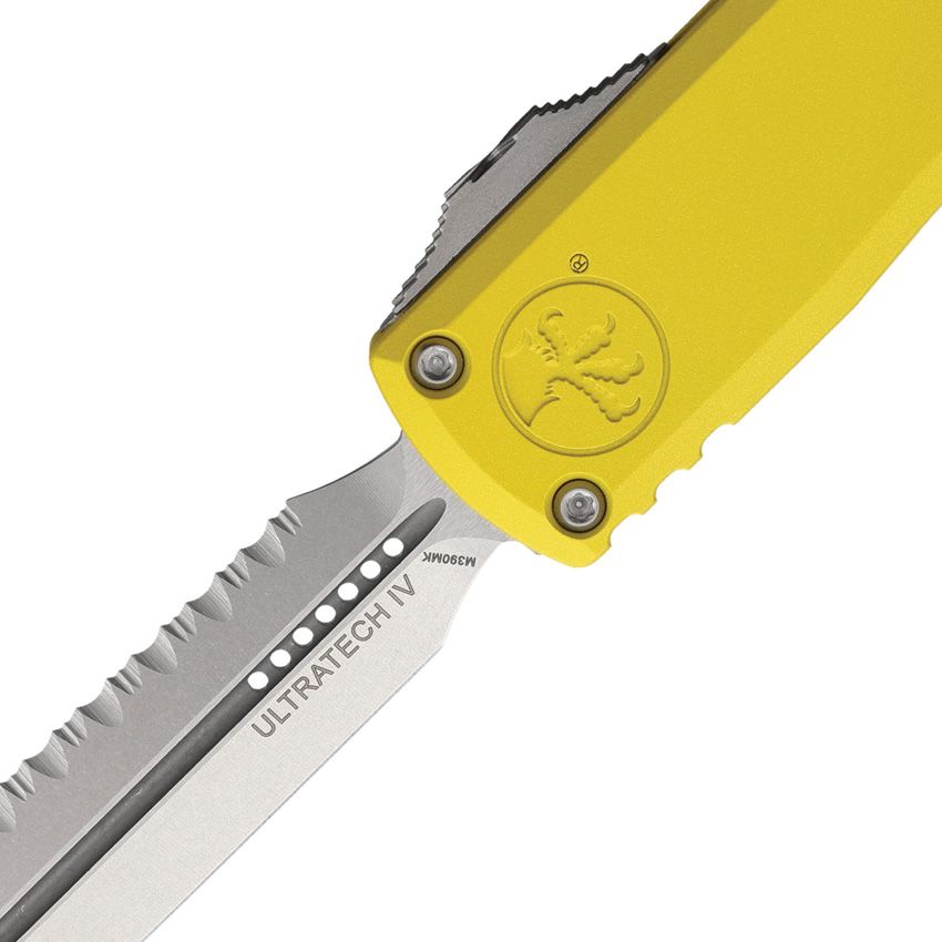 Microtech Auto Ultratech Gen IV 3.5" D/E OTF – Yellow Handle, M390MK Stonewash Full Serrated, Ram-Lok – Made in USA (MCT1122412YW)