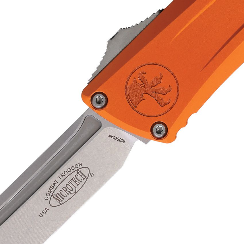 Microtech Combat Troodon Gen III Auto Knife – 4.0” Tanto Blade, Stonewash, Orange Handle, OTF – Made in USA (1144-10OR)