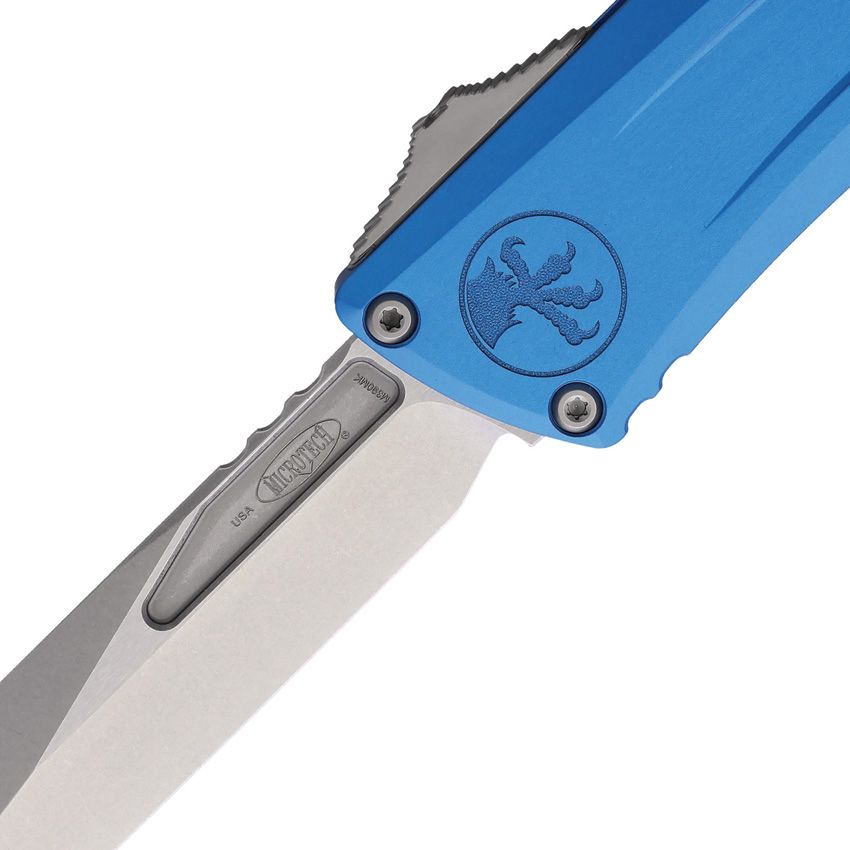 Microtech Combat Troodon Gen III Auto Knife – 4.0” Bowie Blade, Stonewash, Blue Handle, OTF – Made in USA (1146-10BL)