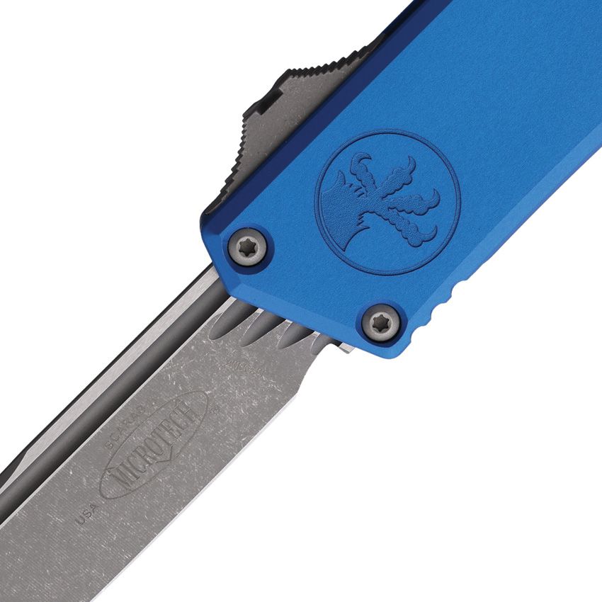 Microtech Scarab II Gen III Executive Auto Knife – 4.0” Blade, Apocalyptic Finish, Blue Handle, OTF – Made in USA (1176-10APBL)