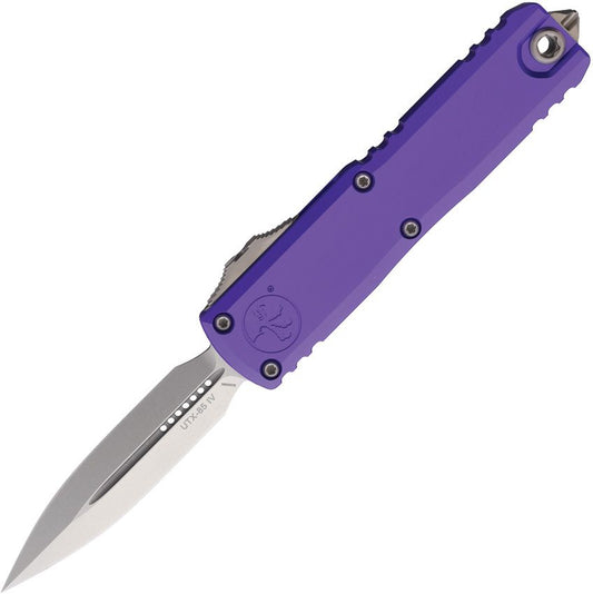 Microtech UTX-85 D/E Gen IV OTF – Purple Aluminum Handle, Stonewash Double-Edge Bohler M390MK Blade – Made in USA (MCT1232410PU)