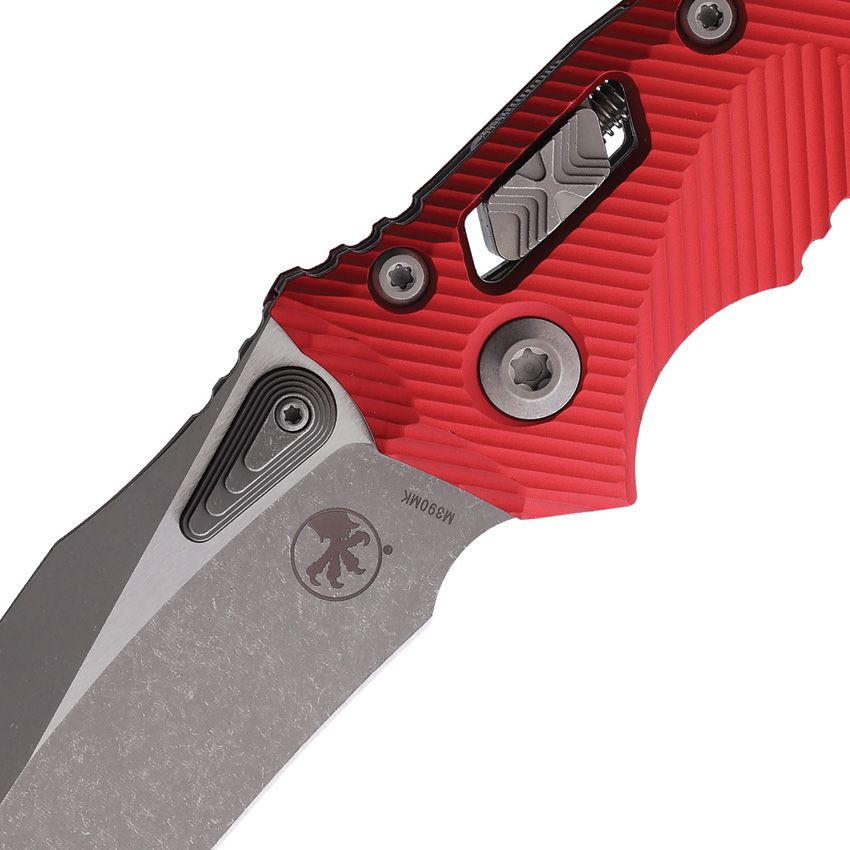 Microtech Amphibian S/E Ram-Lok Knife – Red Fluted Aluminum Handle, 4″ Apocalyptic Bohler M390MK Blade (MCT18645)