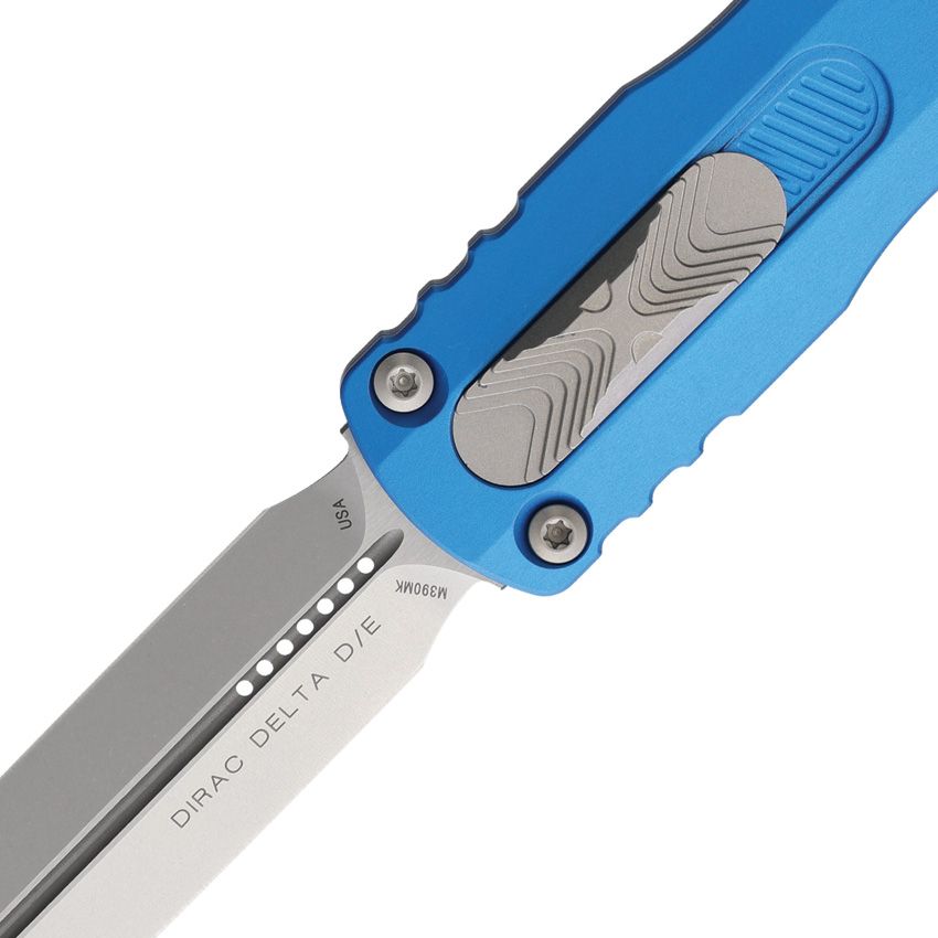 Microtech Dirac Delta Auto OTF Knife – 3.79” Double Edge Blade, Stonewash, Blue Handle – Made in USA (227-10BL)
