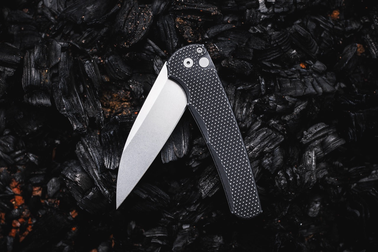 Pro-Tech Malibu 3.25" Button Lock Flipper – Battleworn Black Aluminum, MagnaCut Stonewash Wharncliffe – Made in USA (5305-BW)