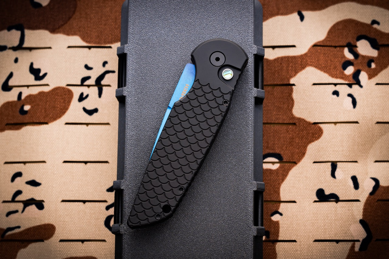 Pro-Tech Tactical Response 3 X1 Auto - Black Fishscale Aluminum, Sapphire Blue Blade, Abalone Button - Made in USA (TR-3 X1 SB)