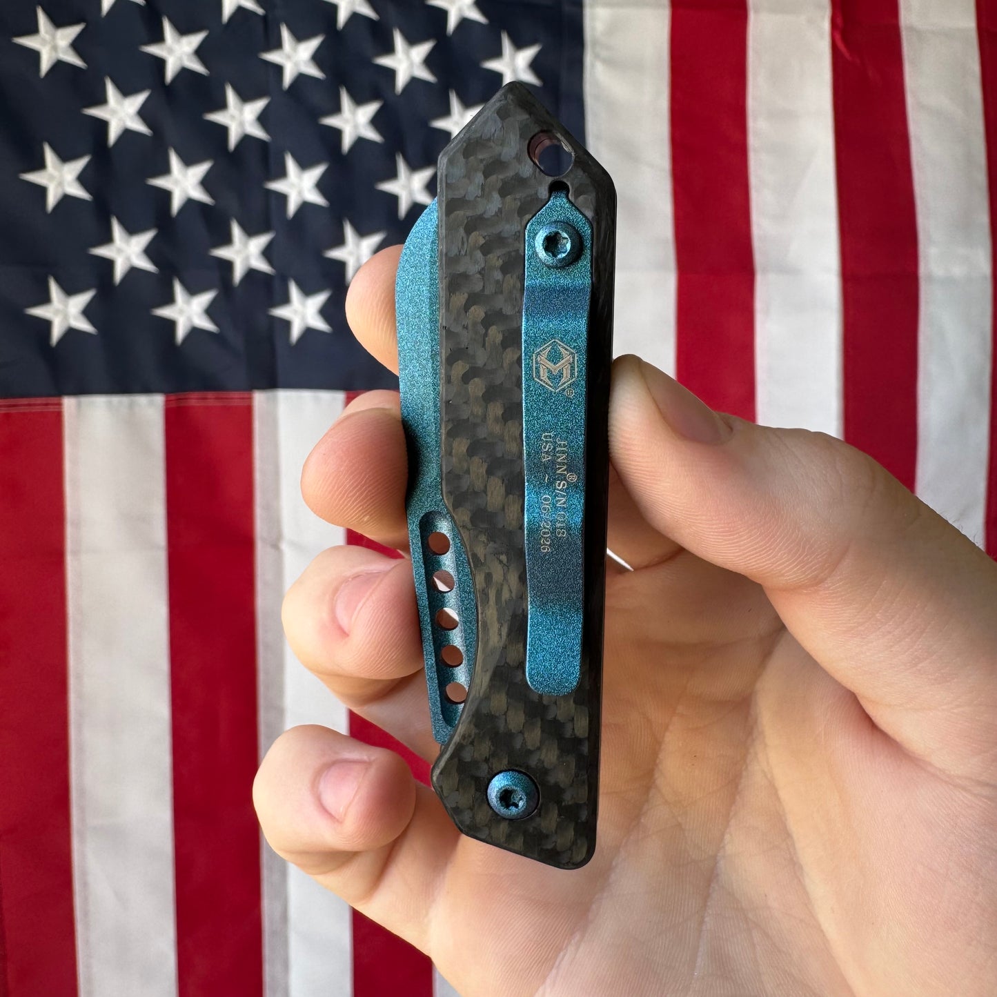 Heretic Jinn Auto - Metallic Teal Carbon Fiber, MagnaCut Wharncliffe - Made in USA (H113-MT-CF)