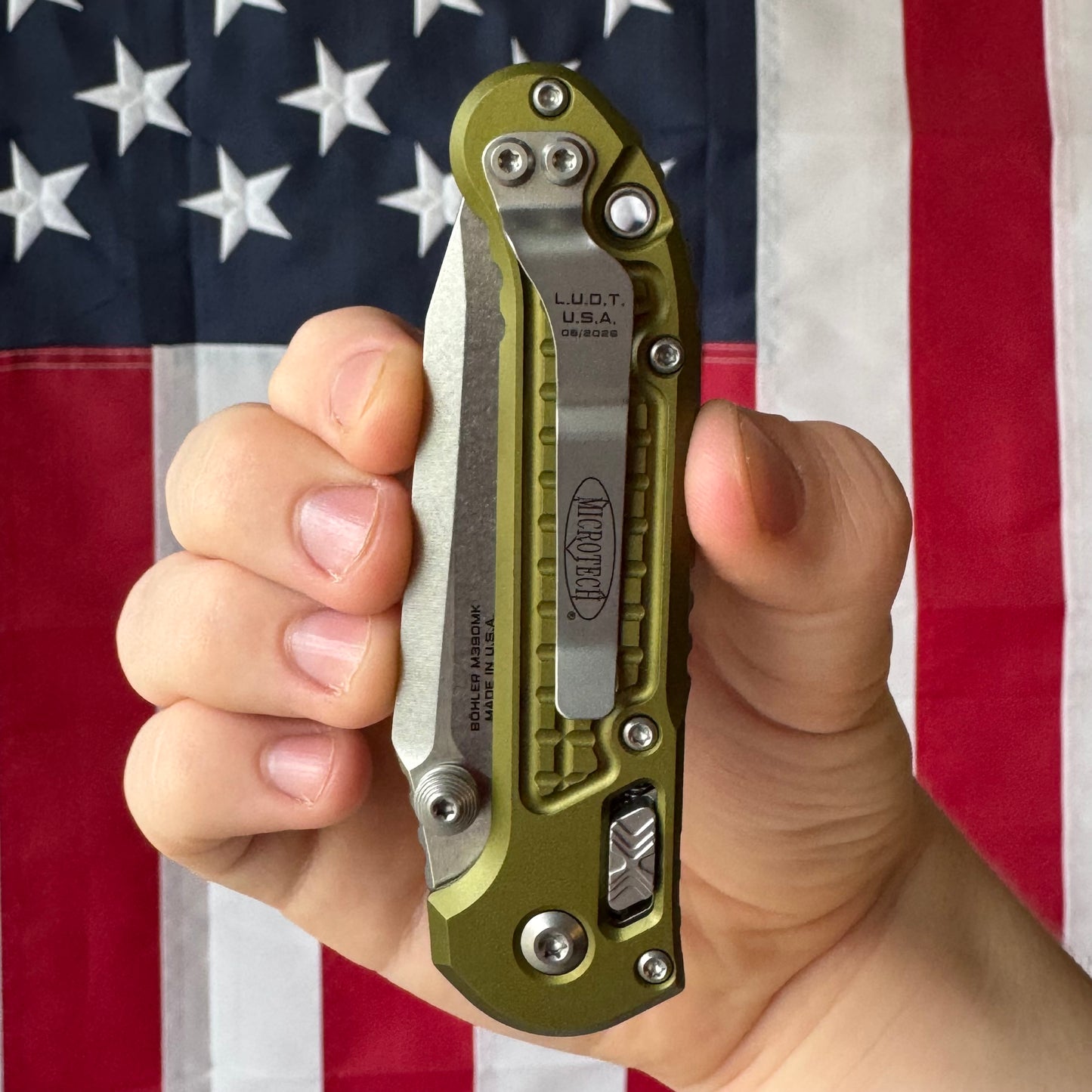 Microtech L.U.D.T. RAM-LOK - OD Green Frag Aluminum, Stonewash M390MK Tanto, Manual - Made in USA (1136RL-10FROD)