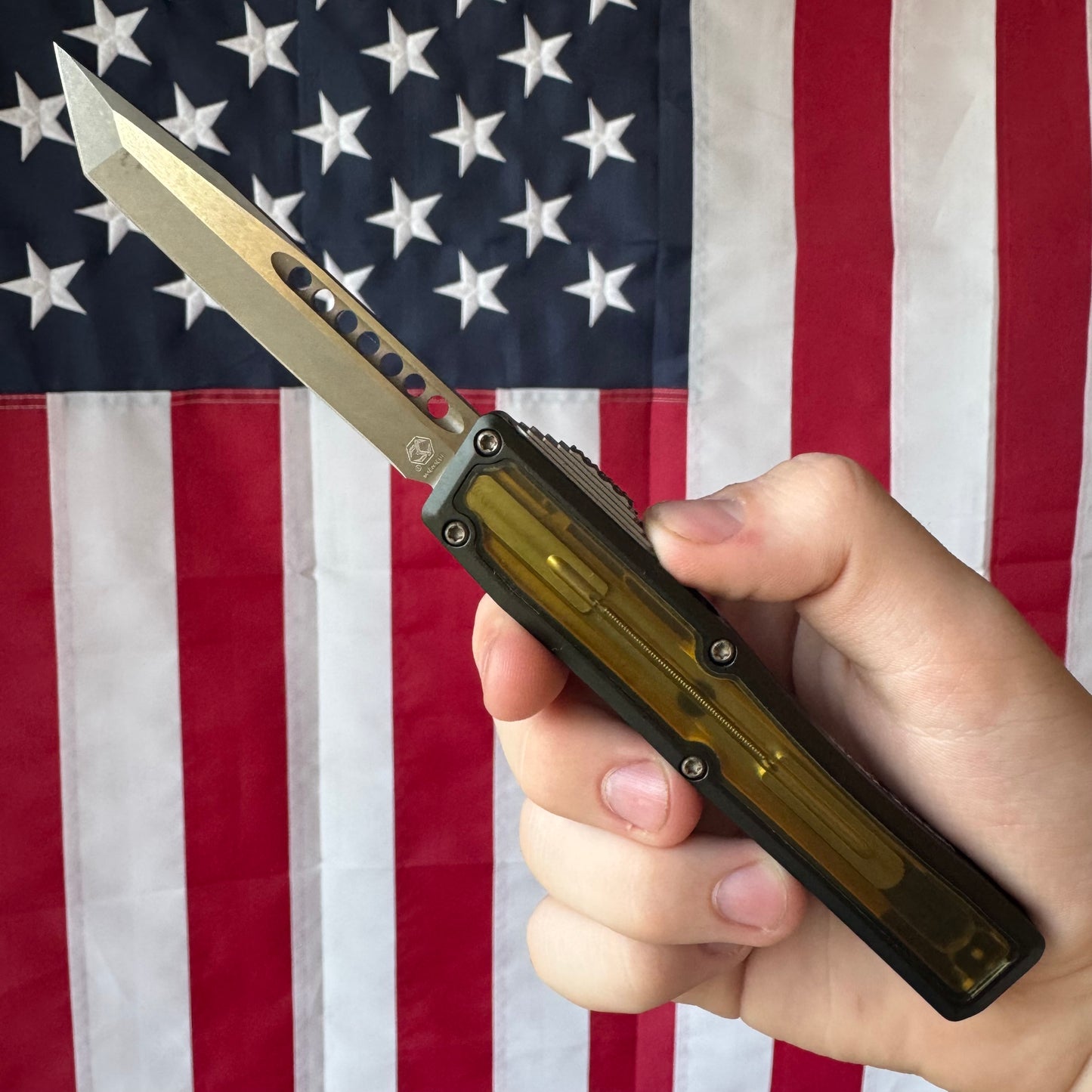 Heretic NYX OTF - Bronze Tanto MagnaCut, OD Green Ultem, Bronze Hardware - Made in USA (H015-7A-GRN-ULTEM)