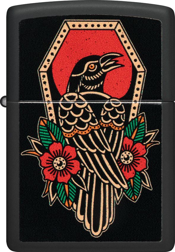 Zippo Crow Tattoo Design Lighter – Black Matte with Traditional Flash Artwork – Made in USA (ZO74053)