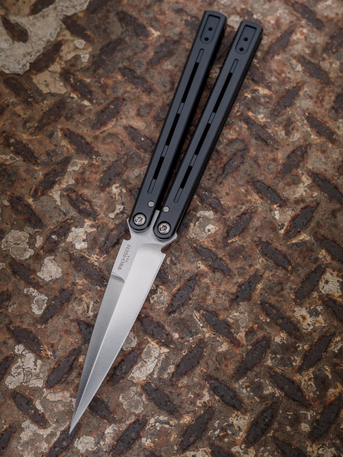 Pro-Tech FlyFather 2 Balisong – Black Channel Aluminum Handles, Satin 154CM Blade, 4″, Made in USA (FF2101)