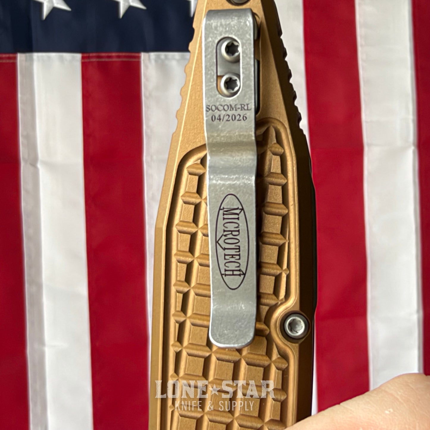 The Back Door: Microtech Socom Elite RAM-LOK Folding Knife - Tan Frag Aluminum, 3.98" M390MK Apocalyptic Single Edge - Made in USA (160RL-10APFRTA) (Trade In)