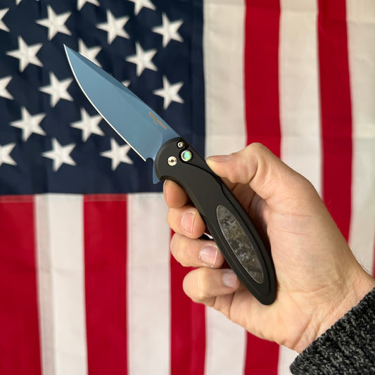 Pro-Tech Cambria 2 Denim PVD MagnaCut Automatic Knife, 3.5 inch Blade, Black Aluminum with TechnoCarbo Inlay, Abalone Button, Made in USA (CF2103-LTD DENIM TC)