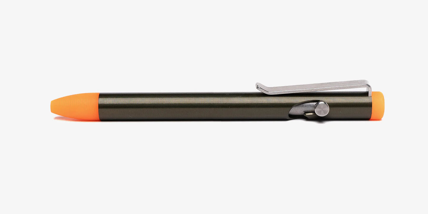 Tactile Turn Embrite™ Bolt Action Pen – OD Green Aluminum with Orange Glow, Short 5.1″ – Made in USA