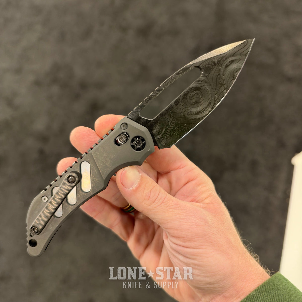Heretic Custom Koschei, Chad Nichols Wavepool Damascus, DLC Titanium Scales, Crossbar Lock - Made in USA (BSW26-002)