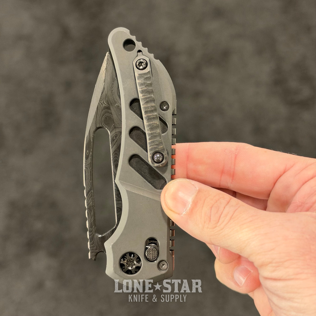 Heretic Custom Koschei, Chad Nichols Wavepool Damascus, DLC Titanium Scales, Crossbar Lock - Made in USA (BSW26-002)