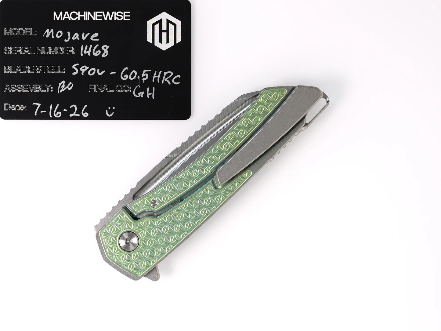MachineWise Mojave Framelock Flipper - CPM-S90V Wharncliffe, Green Titanium - Made in USA (Serial 1468)