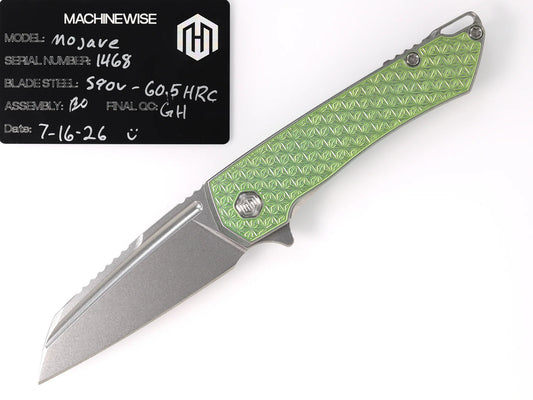 MachineWise Mojave Framelock Flipper - CPM-S90V Wharncliffe, Green Titanium - Made in USA (Serial 1468)