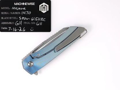 MachineWise Mojave Framelock Flipper - CPM-S90V Wharncliffe, Blue Titanium - Made in USA (Serial 1470)