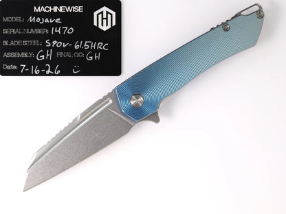 MachineWise Mojave Framelock Flipper - CPM-S90V Wharncliffe, Blue Titanium - Made in USA (Serial 1470)