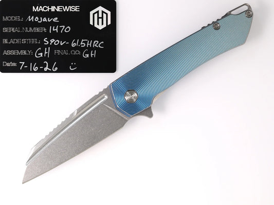 MachineWise Mojave Framelock Flipper - CPM-S90V Wharncliffe, Blue Titanium - Made in USA (Serial 1470)