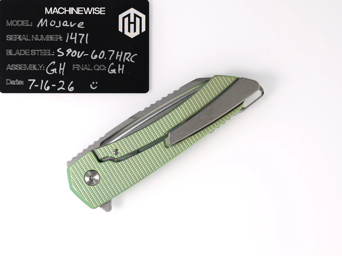 MachineWise Mojave Framelock Flipper - CPM-S90V Wharncliffe, Green Titanium - Made in USA (Serial 1471)