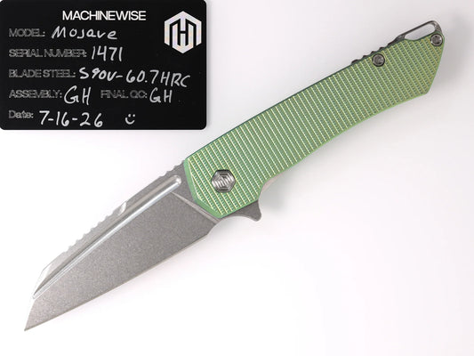 MachineWise Mojave Framelock Flipper - CPM-S90V Wharncliffe, Green Titanium - Made in USA (Serial 1471)