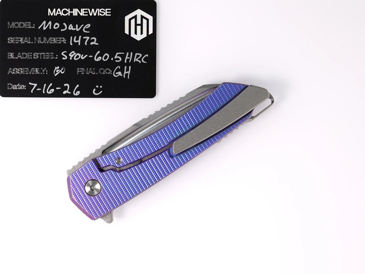MachineWise Mojave Framelock Flipper - CPM-S90V Wharncliffe, Blue Titanium - Made in USA (Serial 1472)