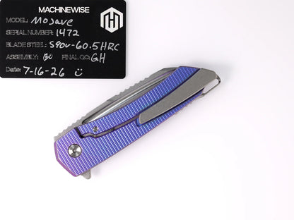 MachineWise Mojave Framelock Flipper - CPM-S90V Wharncliffe, Blue Titanium - Made in USA (Serial 1472)