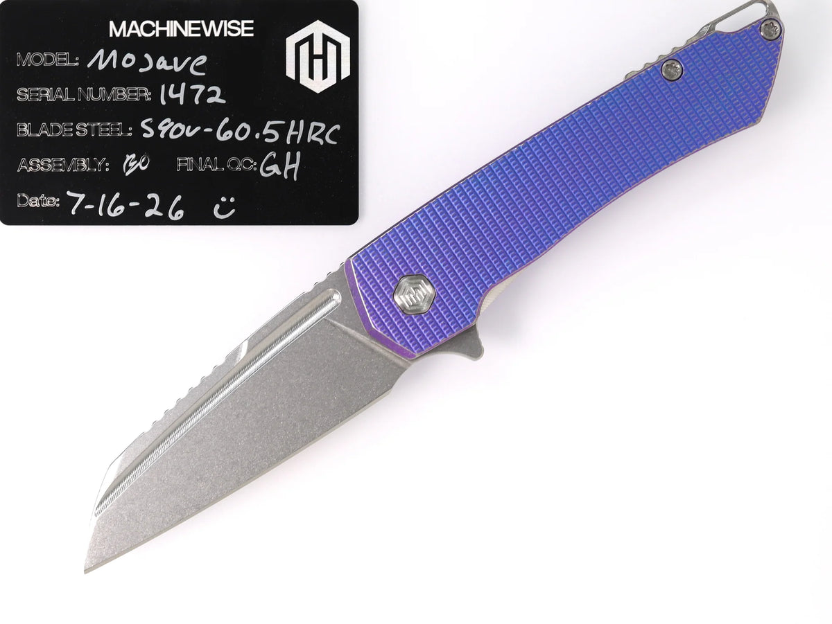 MachineWise Mojave Framelock Flipper - CPM-S90V Wharncliffe, Blue Titanium - Made in USA (Serial 1472)