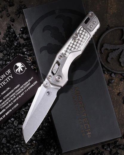 Microtech MSI Mini RAM-LOK Knife, Stonewash Titanium Frag Handle with Blue Accents, 3.25″ Blade, Made in USA (Marfione Select, 210M-10FRMS3)