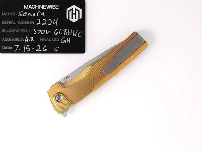 MachineWise Sonora Integral Button Lock - CPM-S90V Drop Point, Gold Titanium - Made in USA (Serial 2224)
