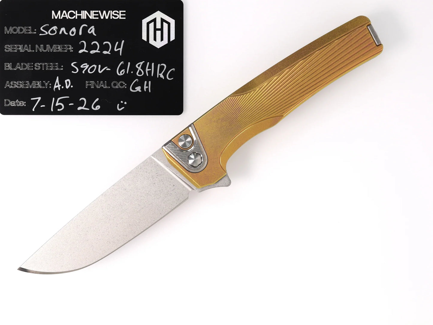 MachineWise Sonora Integral Button Lock - CPM-S90V Drop Point, Gold Titanium - Made in USA (Serial 2224)