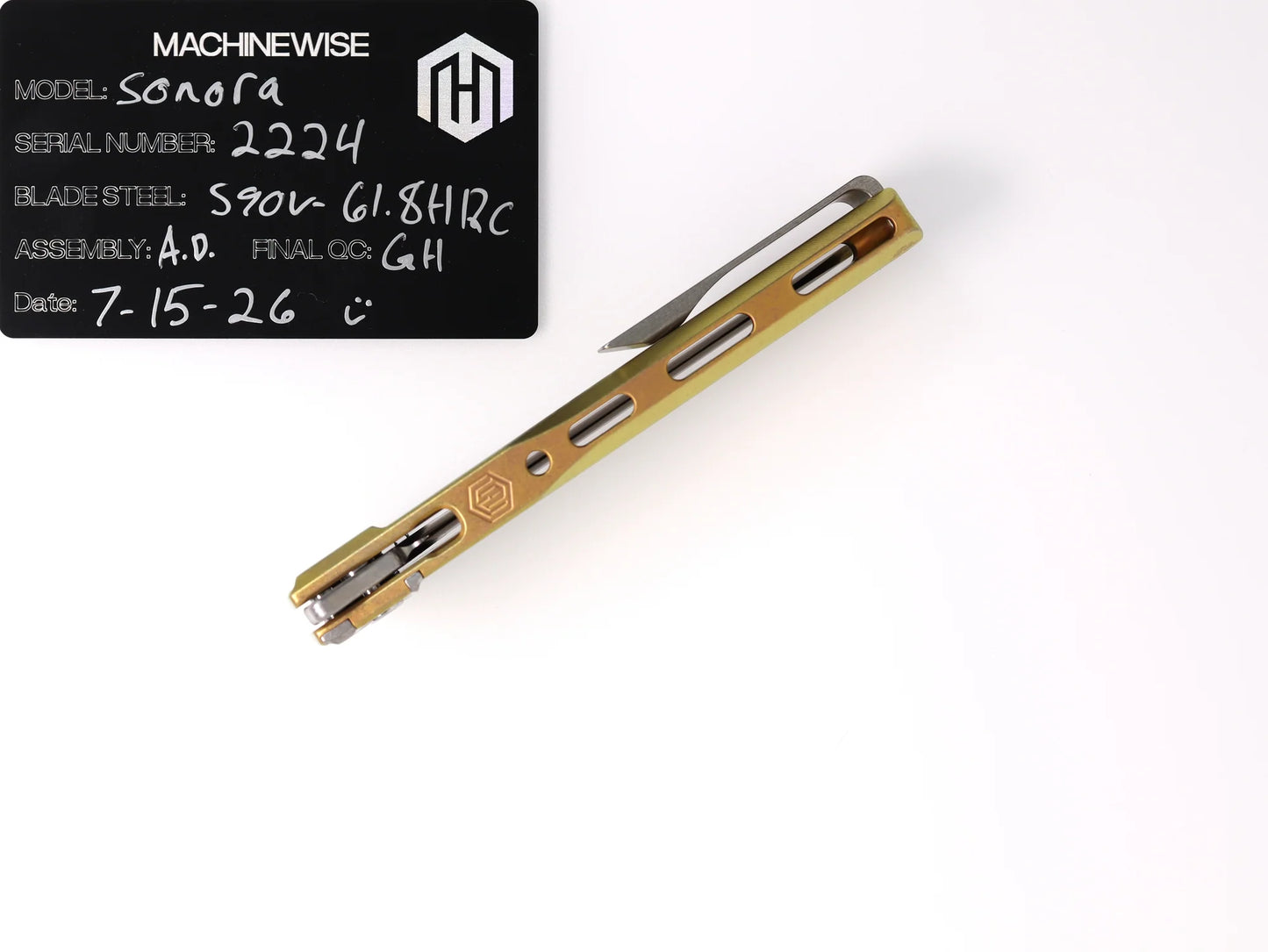 MachineWise Sonora Integral Button Lock - CPM-S90V Drop Point, Gold Titanium - Made in USA (Serial 2224)