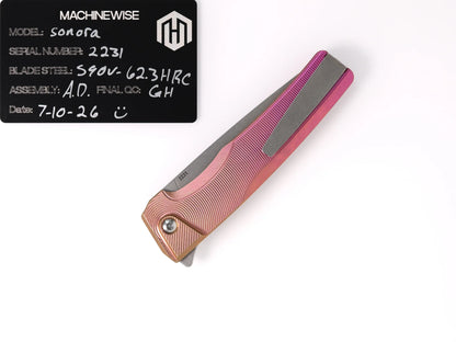MachineWise Sonora Integral Button Lock - CPM-S90V Drop Point, Pink to Copper Fade Titanium - Made in USA (Serial 2231)