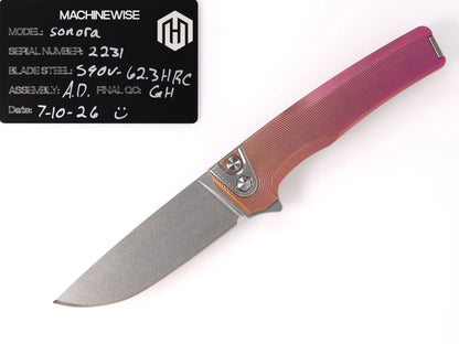 MachineWise Sonora Integral Button Lock - CPM-S90V Drop Point, Pink to Copper Fade Titanium - Made in USA (Serial 2231)