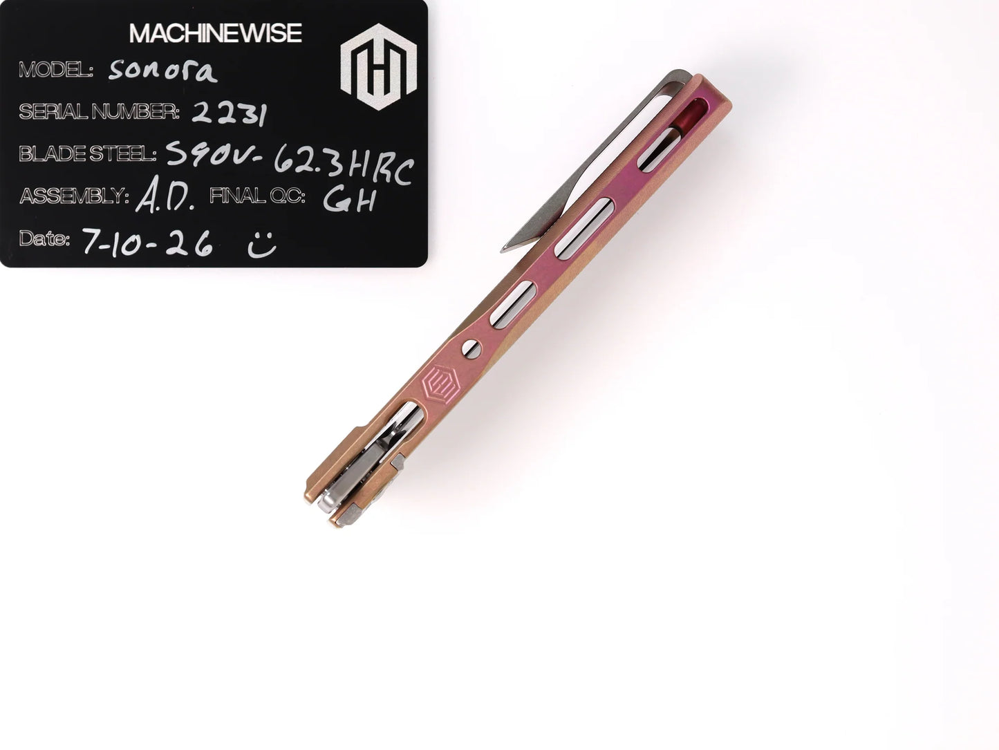 MachineWise Sonora Integral Button Lock - CPM-S90V Drop Point, Pink to Copper Fade Titanium - Made in USA (Serial 2231)