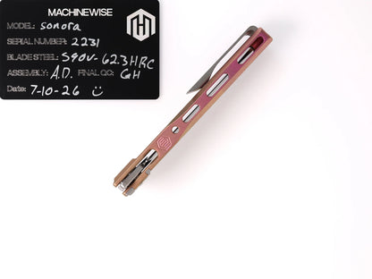 MachineWise Sonora Integral Button Lock - CPM-S90V Drop Point, Pink to Copper Fade Titanium - Made in USA (Serial 2231)