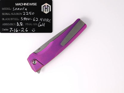 MachineWise Sonora Integral Button Lock - CPM-S90V Drop Point, Purple and Gold Titanium - Made in USA (Serial 2250)