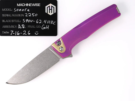 MachineWise Sonora Integral Button Lock - CPM-S90V Drop Point, Purple and Gold Titanium - Made in USA (Serial 2250)