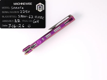 MachineWise Sonora Integral Button Lock - CPM-S90V Drop Point, Purple and Gold Titanium - Made in USA (Serial 2250)