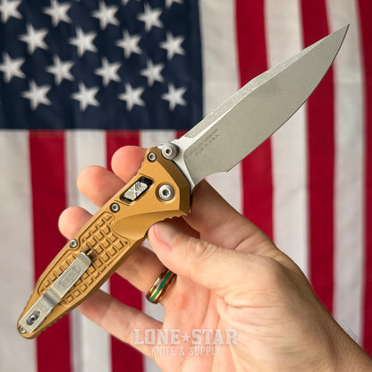 The Back Door: Microtech Socom Elite RAM-LOK Folding Knife - Tan Frag Aluminum, 3.98" M390MK Apocalyptic Single Edge - Made in USA (160RL-10APFRTA) (Trade In)