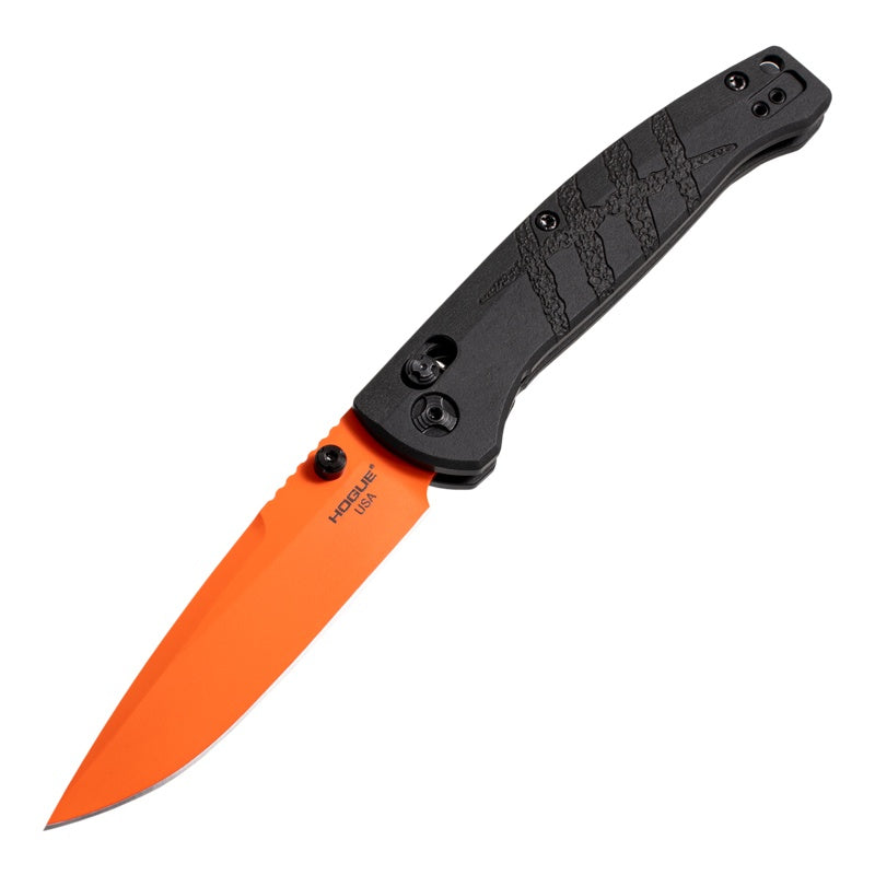 Hogue Mysto Manual Folder – 3.4" Orange Cerakote MagnaCut, Black Diamond Richlite, ABLE Lock – Made in USA (24414)