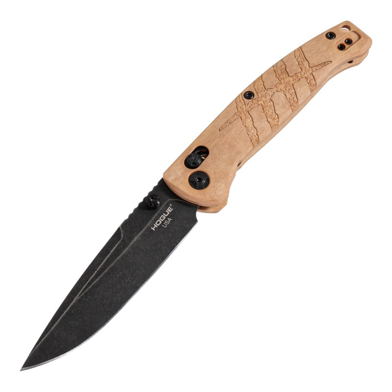 Hogue Mysto Manual Folder – 3.4" Black Stonewash MagnaCut, Maple Valley Richlite, ABLE Lock – Made in USA (24419)
