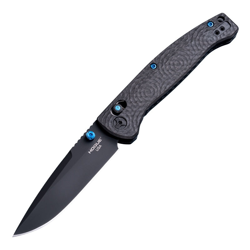 Hogue Mysto (Collector Series) 3.4″ Drop Point Knife, Carbon Fiber Handle with Blue Tritium Insert, Black Cerakote Blade, Made in USA (24492-LIM)
