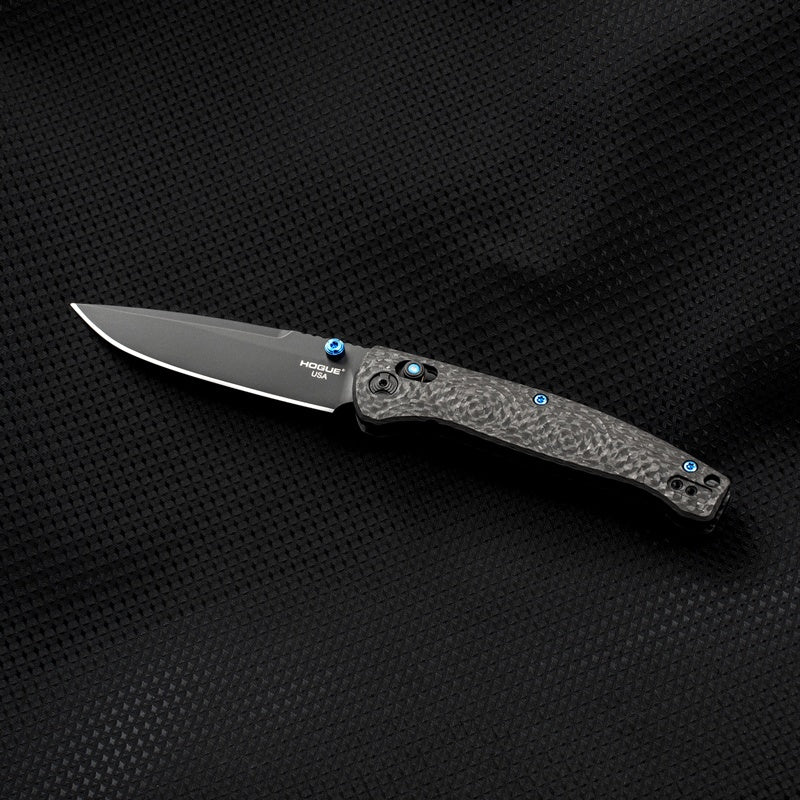 Hogue Mysto (Collector Series) 3.4″ Drop Point Knife, Carbon Fiber Handle with Blue Tritium Insert, Black Cerakote Blade, Made in USA (24492-LIM)