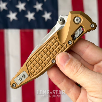 The Back Door: Microtech Socom Elite RAM-LOK Folding Knife - Tan Frag Aluminum, 3.98" M390MK Apocalyptic Single Edge - Made in USA (160RL-10APFRTA) (Trade In)